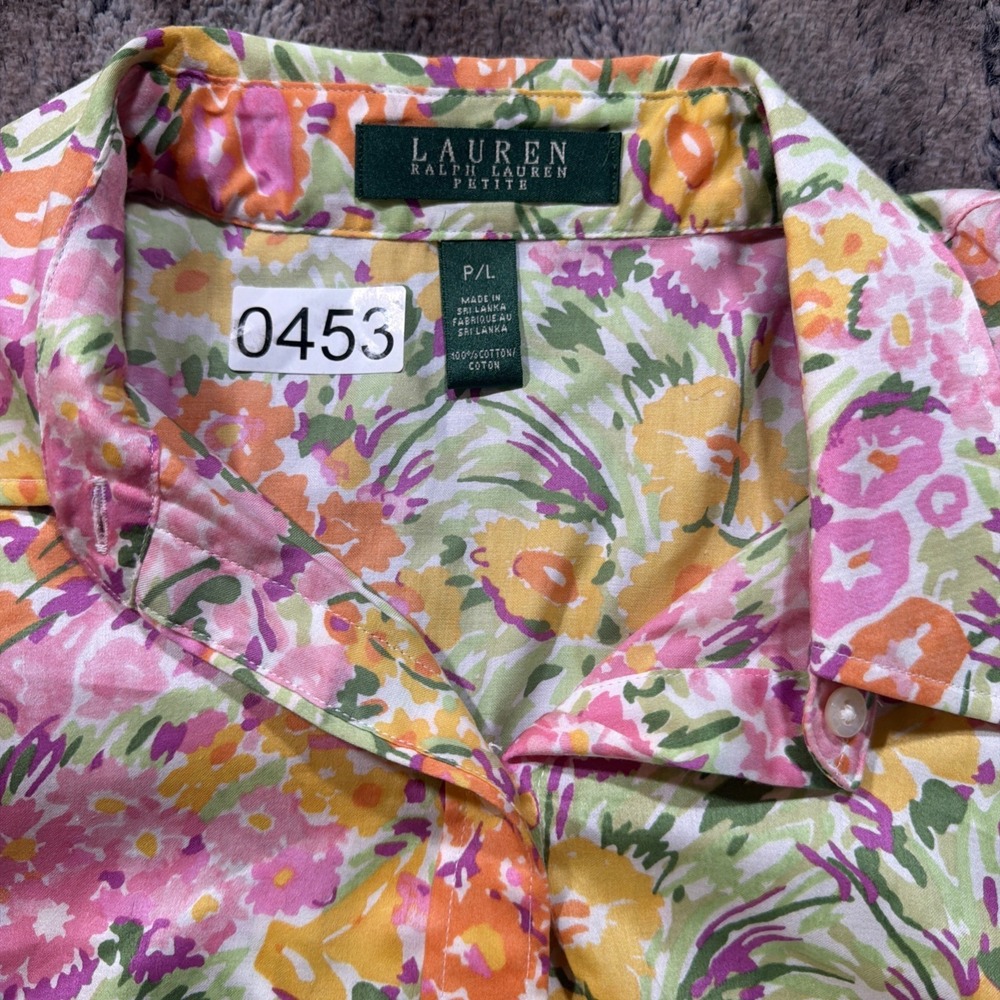 Ralph Lauren Button Shirt Women Sz L Petite Floral Button Up Cotton 3/4 Sleeve - Picture 3 of 6